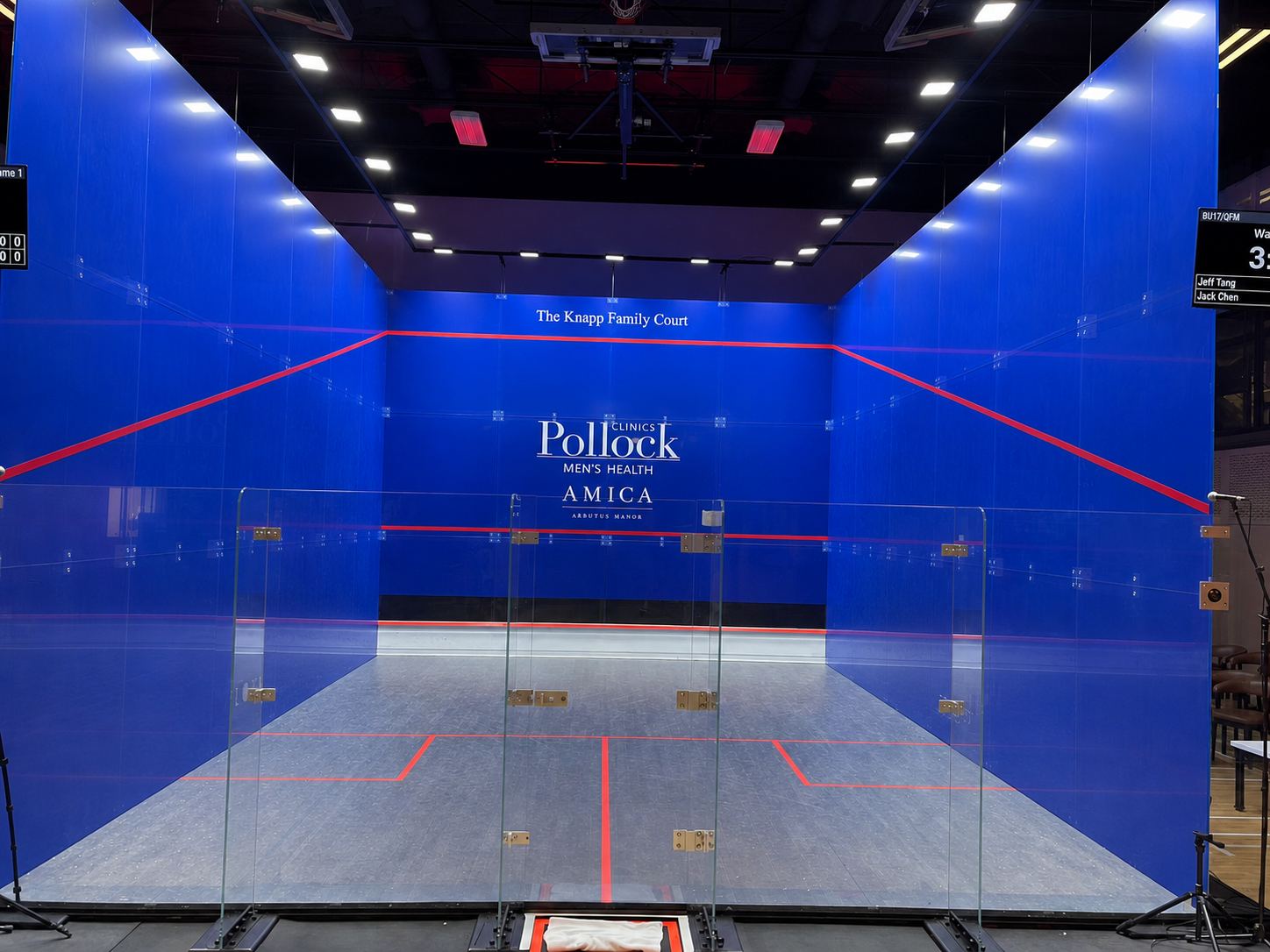All-glass squash court front wall