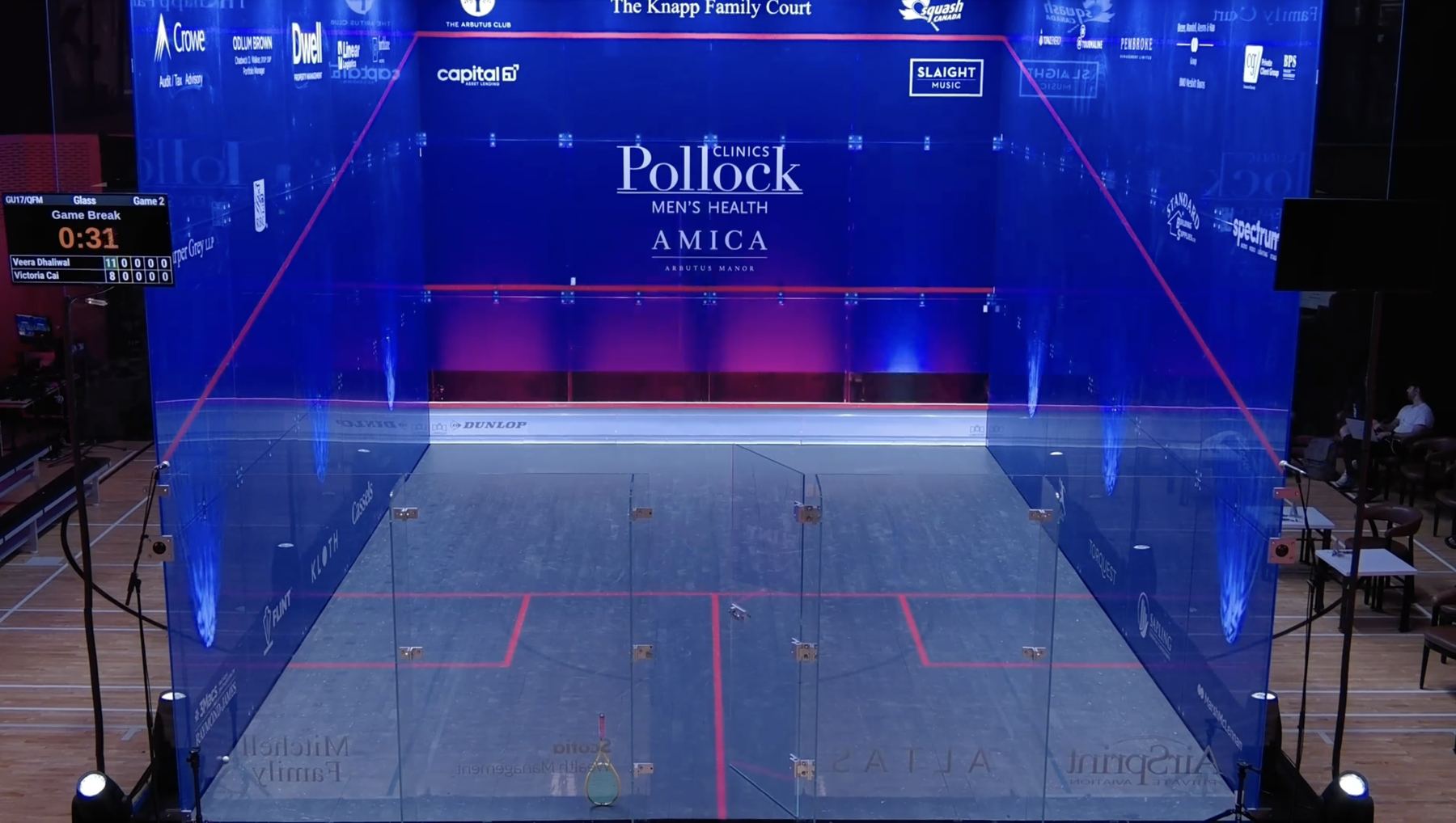 The Knapp Family Court, an all-glass show court with sponsor branding
